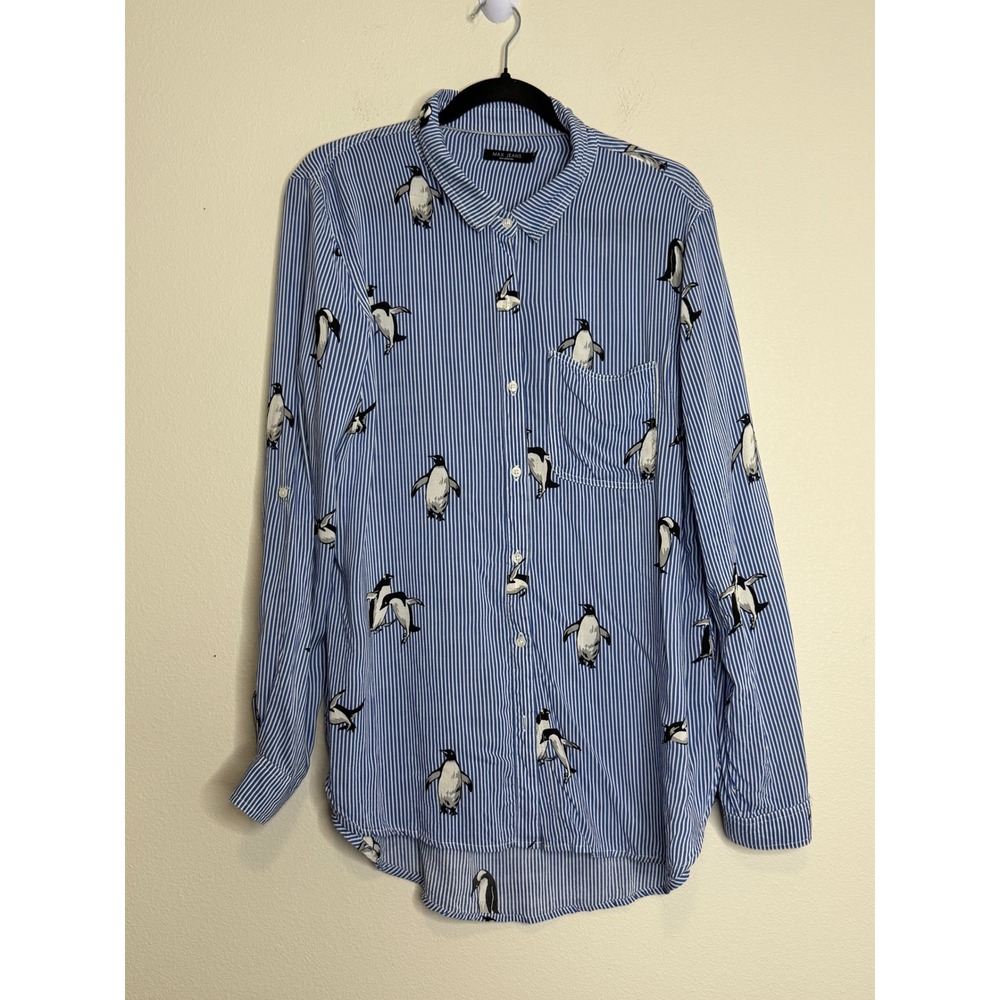 Max Jeans Women's XL Blue White Striped Penguin Print Button Down Shirt